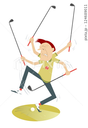 Super golfer plays golf with many clubs at once. Funny golfer man with many hands and golf clubs isolated on white Super golfer plays golf with many clubs at once. Funny golfer man with many hands and golf clubs isolated on white 124689011
