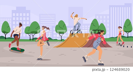 Skate roller. Fair in city park. Happy woman enjoying summer activities. Cheerful skaters. Young joyful girl riding on skateboard. Skating people. Urban skatepark. Outdoor leisure. Vector illustration 124689020