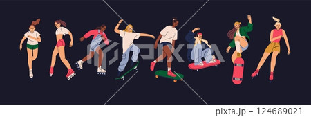 Roller, skater girl. Happy woman, fitness outdoors, healthy lifestyle. Smile young women in urban sport, outdoor fun, active leisure. Vector lifestyle of summer, cartoon flat isolated illustration 124689021