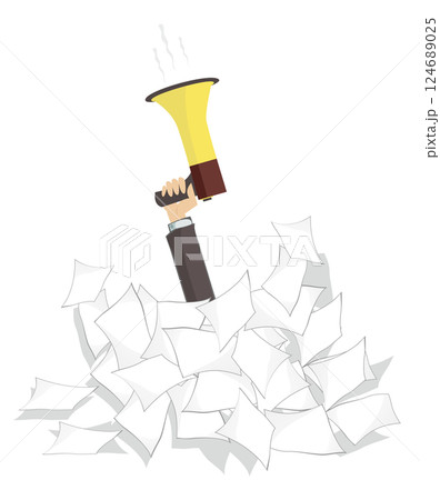 Hand with megaphone. Big pile of papers. Businessman. Paperwork. Hand with megaphone rises out from the huge pile of documents Hand with megaphone. Big pile of papers. Businessman. Paperwork. Hand with megaphone rises out from the huge pile of documents 124689025