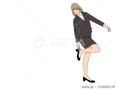靴を脱ぐ・ハイヒールを履くビジネスウーマン女性のイラスト 全身正面 片足立ち 124689135