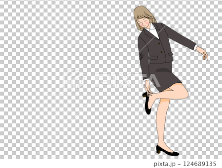 靴を脱ぐ・ハイヒールを履くビジネスウーマン女性のイラスト 全身正面 片足立ち 124689135