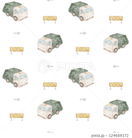 Watercolor pattern garbage truck, city service car. Transport illustration, road sign. Seamless print children's on background for design, fabric, baby clothes, textile, cards, profession collection 124689172