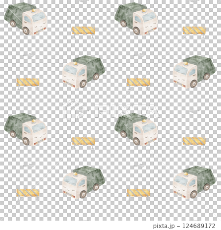 Watercolor pattern garbage truck, city service car. Transport illustration, road sign. Seamless print children's on background for design, fabric, baby clothes, textile, cards, profession collection 124689172