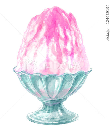 ガラスの器に入ったかき氷の水彩イラスト(ピンク・苺) 124689194