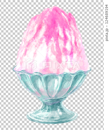ガラスの器に入ったかき氷の水彩イラスト(ピンク・苺) 124689194