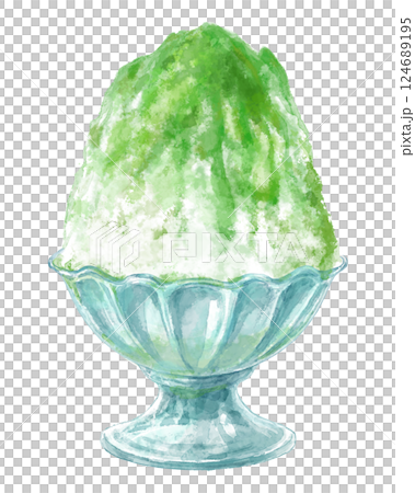 Watercolor illustration of shaved ice in a glass bowl (green and matcha) 124689195