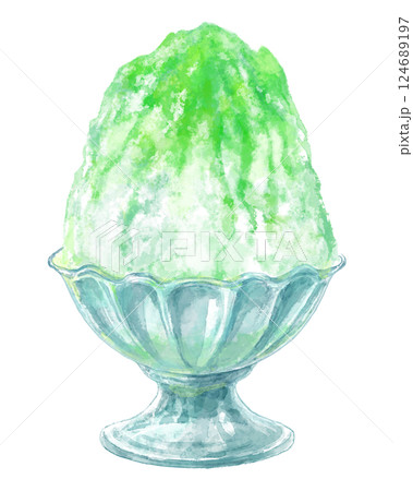 ガラスの器に入ったかき氷の水彩イラスト(緑・メロンシロップ) 124689197
