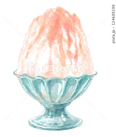 ガラスの器に入ったかき氷の水彩イラスト(コーラル・桃) 124689199