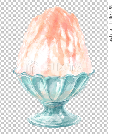 ガラスの器に入ったかき氷の水彩イラスト(コーラル・桃) 124689199