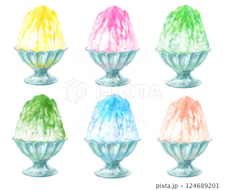 かき氷の水彩イラストセット かき氷の水彩イラストセット 124689201