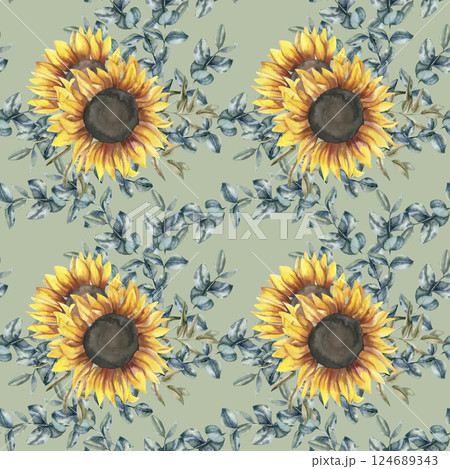 Sunflower floral seamless pattern with yellow flowers and green leaves watercolor illustration. Garden floral background for autumn seasonal design. Sunny botanical pattern for packing,textile design 124689343