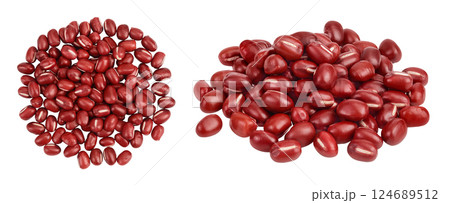 Red adzuki beans isolated on white background. Top view. Flat lay. Red adzuki beans isolated on white background. Top view. Flat lay. 124689512
