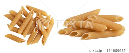 Wolegrain penne pasta from durum wheat isolated on white background with full depth of field. Top view. Flat lay, 124689685