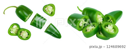 jalapeno peppers isolated on white background. Green chili pepper . Top view. Flat lay jalapeno peppers isolated on white background. Green chili pepper . Top view. Flat lay 124689692