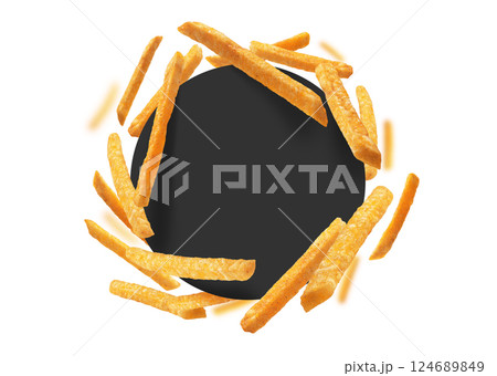 French fries on a white background with a black circle in the center 124689849