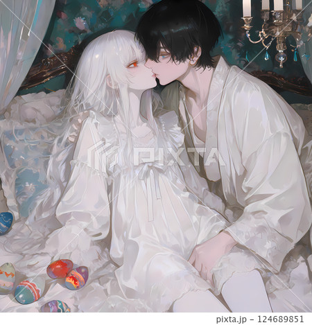 ベッドでキスをするカップル。アルビノの少女と碧眼の青年のイースター。油絵風のAIイラスト 124689851