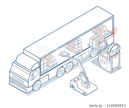 Robotic Arm and Forklift Taking a Cardboard Box in The Warehouse. Autonomous Robot Transportation operation service. Vector illustration eps10 124689853