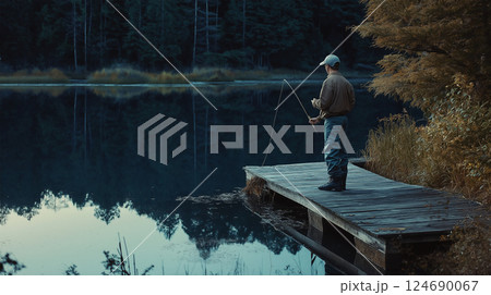 Fisherman stands on dock at twilight casting line into tranquil waters with reflection visible 124690067