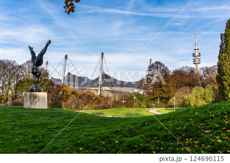 Golden autumn view in the Olympiapark in Munich, Germany 124690115