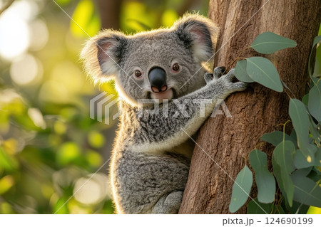 Adorable koala climbing tree in natural habitat with sunlit leaves in australian wilderness Adorable koala climbing tree in natural habitat with sunlit leaves in australian wilderness 124690199