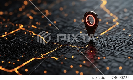 Futuristic digital map with glowing pin on circuit board design background 124690225