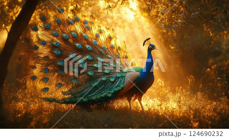 Majestic peacock displaying vibrant plumage in sunlit forest setting in golden light 124690232