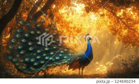 Majestic peacock displaying vibrant plumage in sunlit autumn forest setting 124690234
