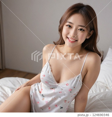 ベッドに座る若い女性 124690346