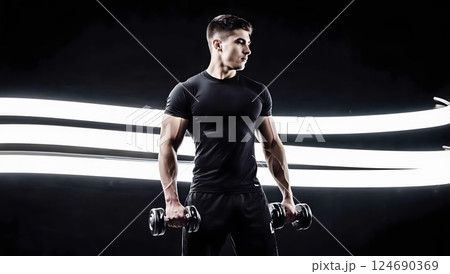 Young active strong muscular sweaty man biceps muscle workout training with heavy dumbbell weight in the gym dark image with shadows real people exercising 124690369