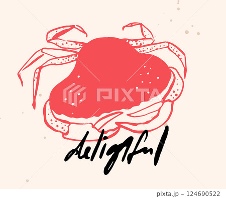 Red crab graphic illustration, hand drawn silhouette with claws for seafood restaurant menu. Handwritten inscription delightful for inspirational poster design 124690522