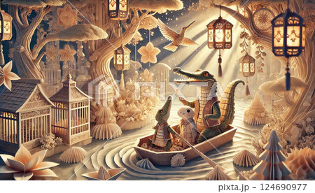 水辺を手漕ぎボートで進むワニと妖精 124690977