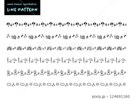 シンプルな手書きのかわいい梅雨イメージ飾り罫セット シンプルな手書きのかわいい梅雨イメージ飾り罫セット 124691160
