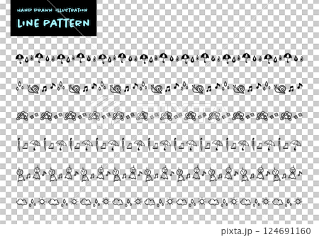 シンプルな手書きのかわいい梅雨イメージ飾り罫セット シンプルな手書きのかわいい梅雨イメージ飾り罫セット 124691160