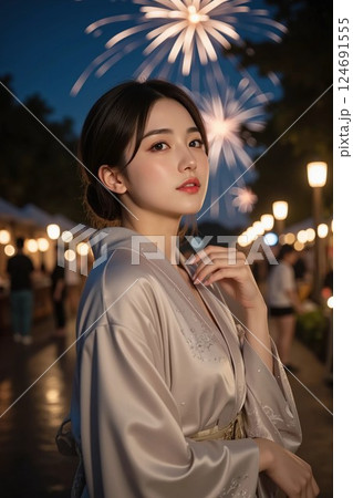 花火と浴衣姿の女性 124691555