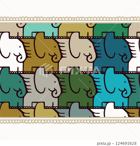 Seamless Vector Border Pattern with Escher Style Colourful Elephants and Beige Loop Fringe 124691628