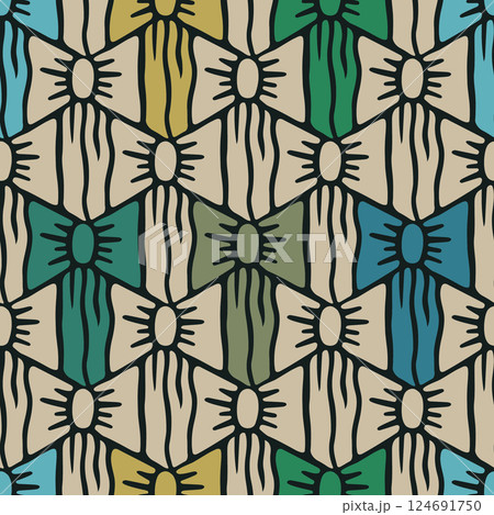 Escher bow tessellation in beige, green and blue tones for luxury home textiles 124691750