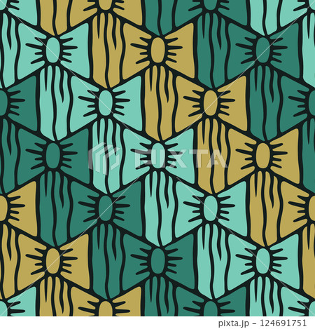 Escher style checkerboard bow pattern in green, ochre, turquoise tones 124691751