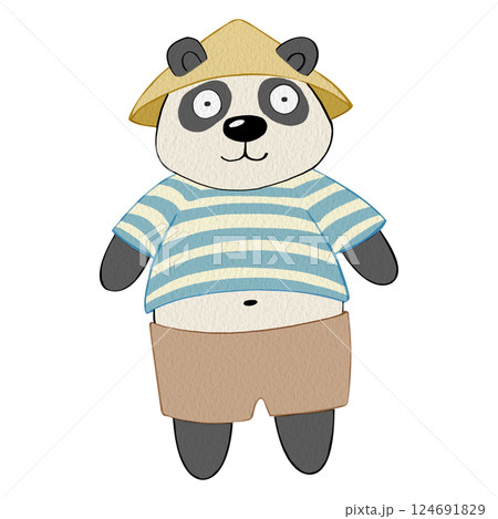 Simple drawing of funny panda. Watercolor illustration of a panda in clothes. For printing postcards, notebooks, dishes, T-shirts. For designing labels of food products, carbonated or alcoholic drinks Simple drawing of funny panda. Watercolor illustration of a panda in clothes. For printing postcards, notebooks, dishes, T-shirts. For designing labels of food products, carbonated or alcoholic drinks 124691829