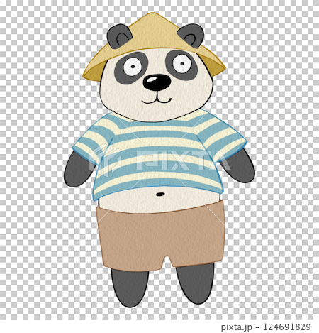 Simple drawing of funny panda. Watercolor illustration of a panda in clothes. For printing postcards, notebooks, dishes, T-shirts. For designing labels of food products, carbonated or alcoholic drinks 124691829