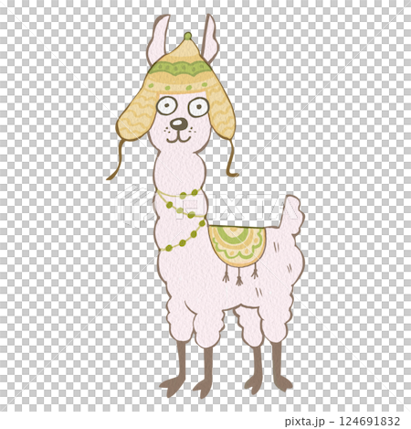 Drawing of a funny llama in a traditional hat and beads. For printing postcards, notebooks, dishes, T-shirts. Design of children's products, labels of food products, carbonated drinks, juices, etc. 124691832