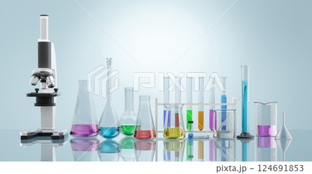 3D Laboratory glassware and microscope containing colorful liquid 124691853