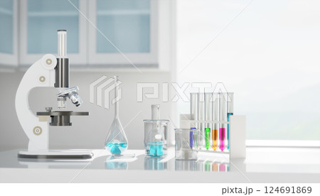 3D Laboratory equipment stands ready for scientific experimentation in bright lab 124691869
