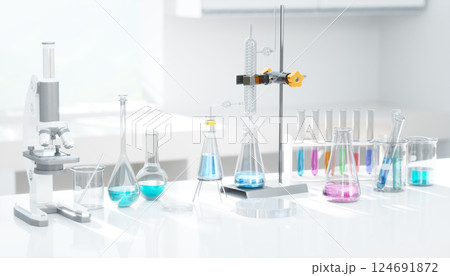 3D Laboratory equipment conducting experiment with colorful chemicals and microscope 3D Laboratory equipment conducting experiment with colorful chemicals and microscope 124691872