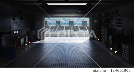 3D Motorsport garage opening onto a racetrack with crowds cheering 124691903