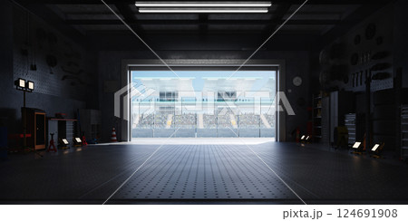 3D Large garage door opening onto crowded stadium with spectators cheering 124691908