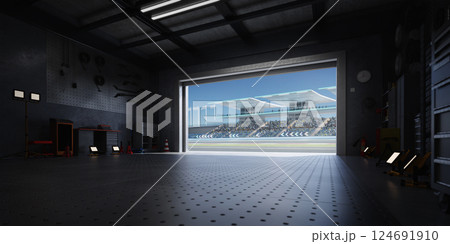 3D Racing track seen from inside a garage with open roller door 3D Racing track seen from inside a garage with open roller door 124691910