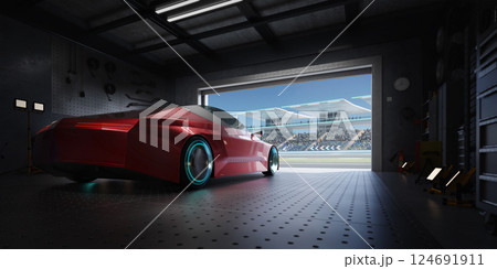 3D Red futuristic racing car waiting in garage facing racetrack 3D Red futuristic racing car waiting in garage facing racetrack 124691911
