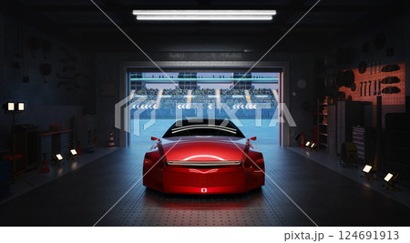 3D Red sports car waiting in garage facing race track with spectators 124691913