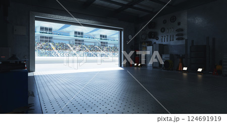3D Motorsport garage opening onto a crowded stadium during race day 3D Motorsport garage opening onto a crowded stadium during race day 124691919